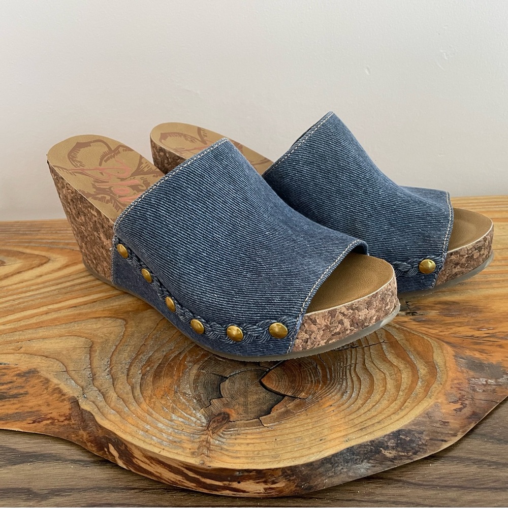 Blowfish Malibu Denim Studd Peep Toe Cork Heel Platform wedge Slip On Clogs 8